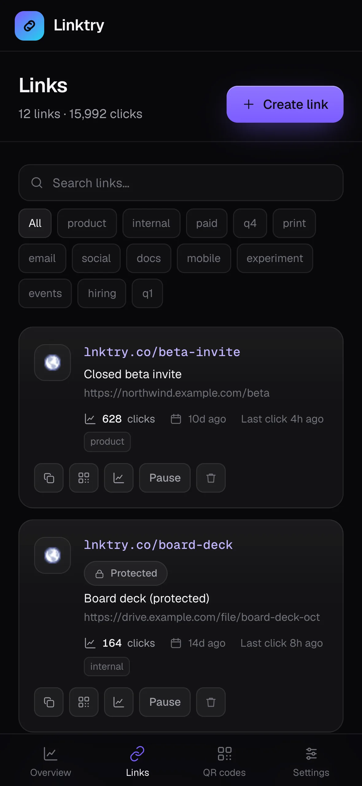Linktry on a phone: a list of short links with their click counts